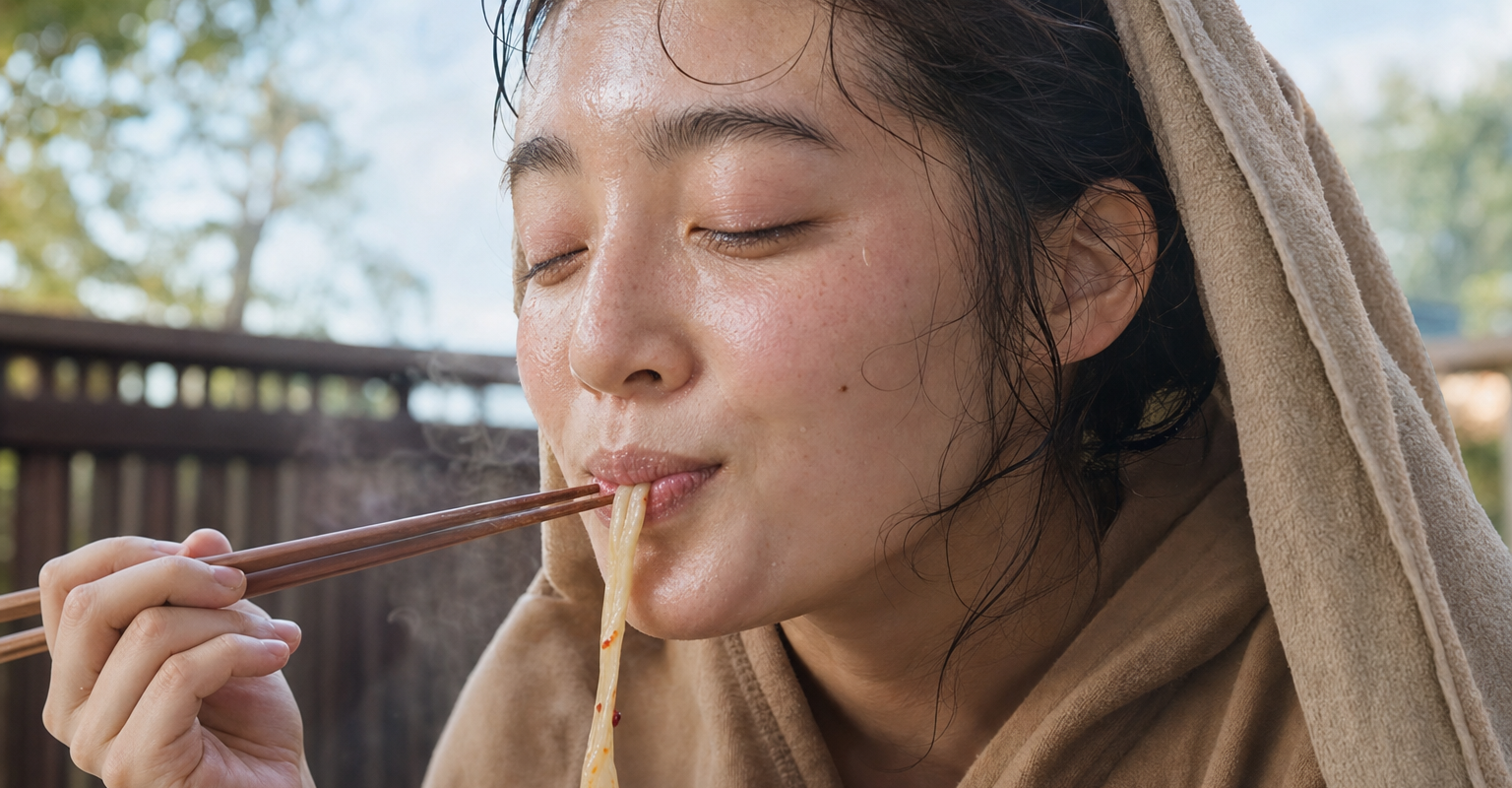 サウナ上がりに麻辣湯を食べる女性